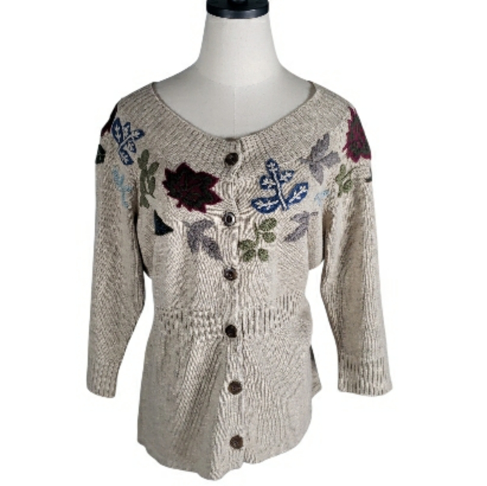 Eddie Bauer Embroidered Cardigan Botanical Leaves Peplum Applique Sweater Cottag